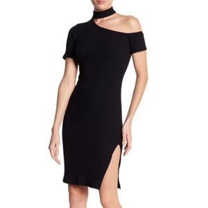 Lush Black Ribbed One Shoulder Choker Dress L